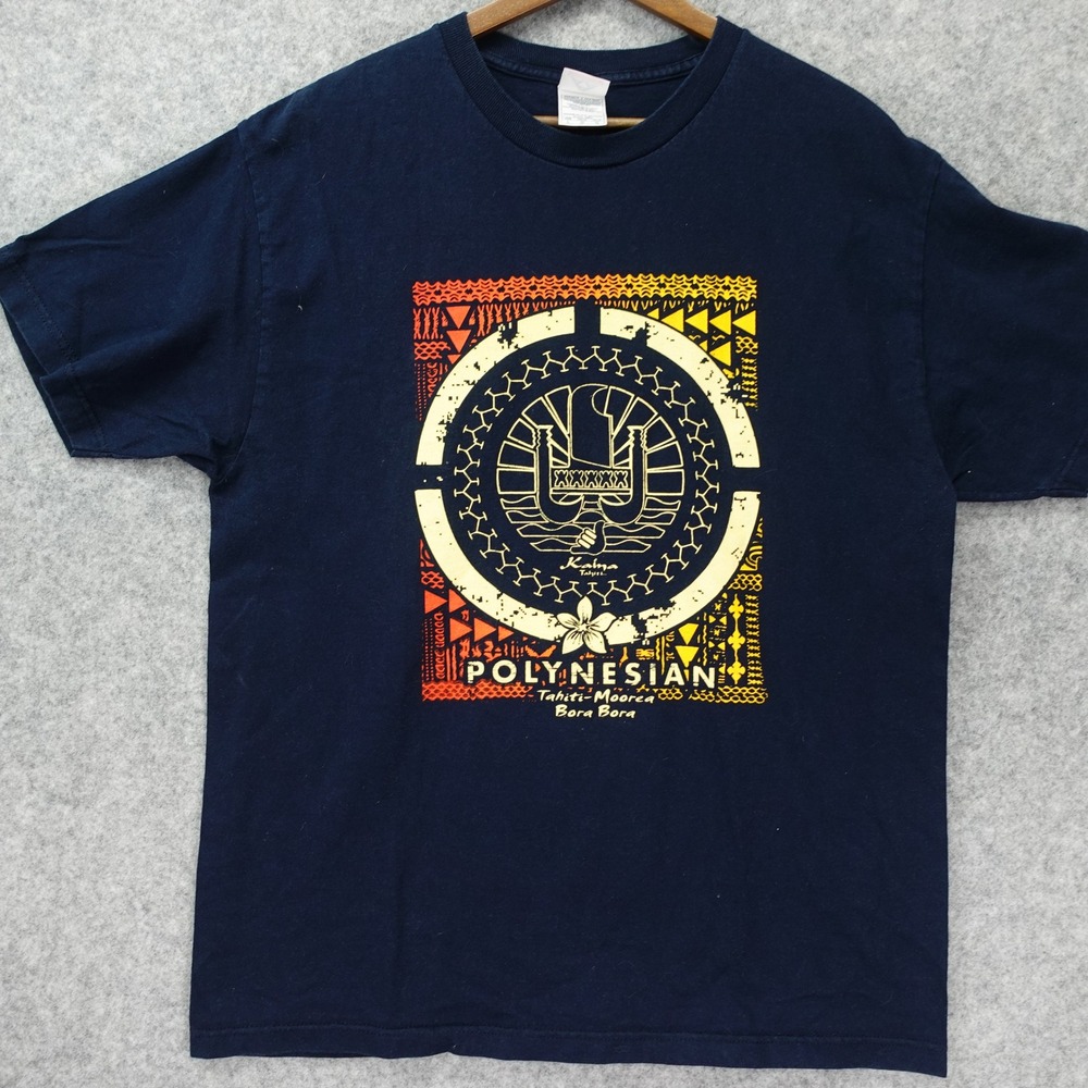 Kaina Tahiti Polynesian Vintage T Shirt LARGE Navy Blue Bora Bora Tribal Graphic